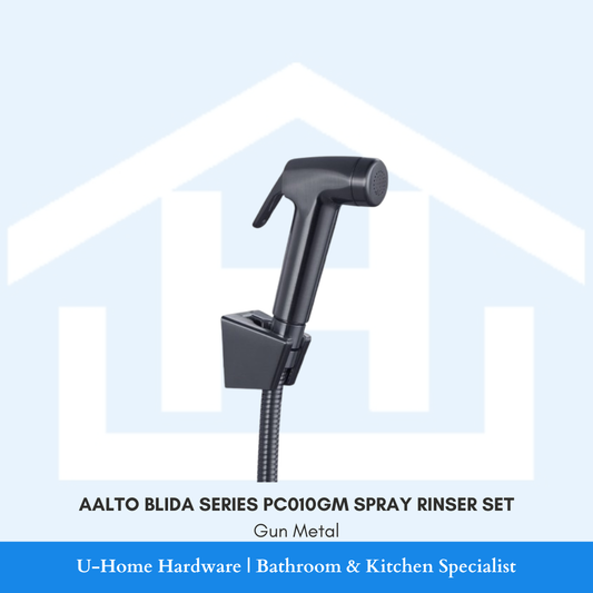 Front view of the AALTO BLIDA Series PC010GM spray rinser set in Gun Metal, featuring the handheld bidet spray head, wall-mounted bracket, and matching hose.