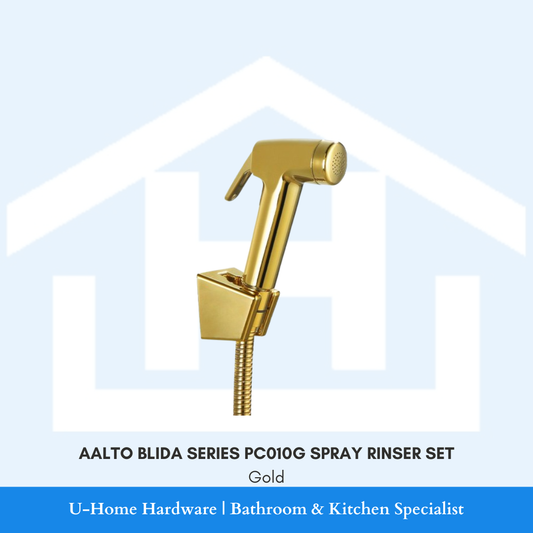 Front view of the AALTO BLIDA Series PC010G spray rinser set in a polished gold finish, including the spray head, flexible hose, and wall bracket.