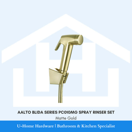 Front view of the AALTO BLIDA Series PC010MG spray rinser set in Matte Gold, showcasing the handheld bidet spray and matching wall bracket.