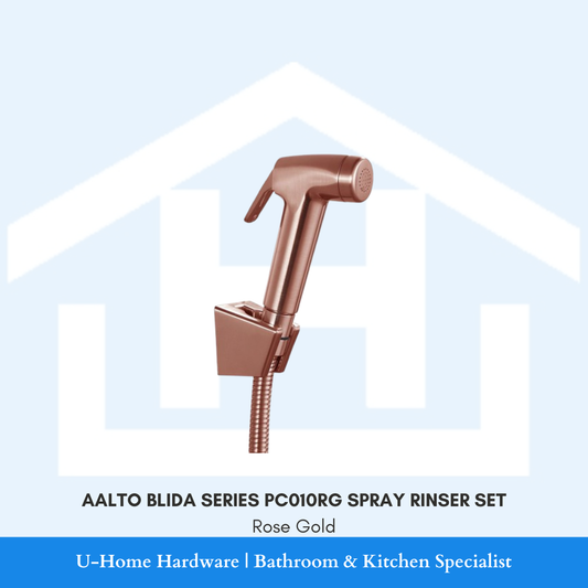 AALTO BLIDA Series PC010RG Rose Gold bidet spray set featuring the handheld spray head, metallic hose, and wall-mounted docking bracket.
