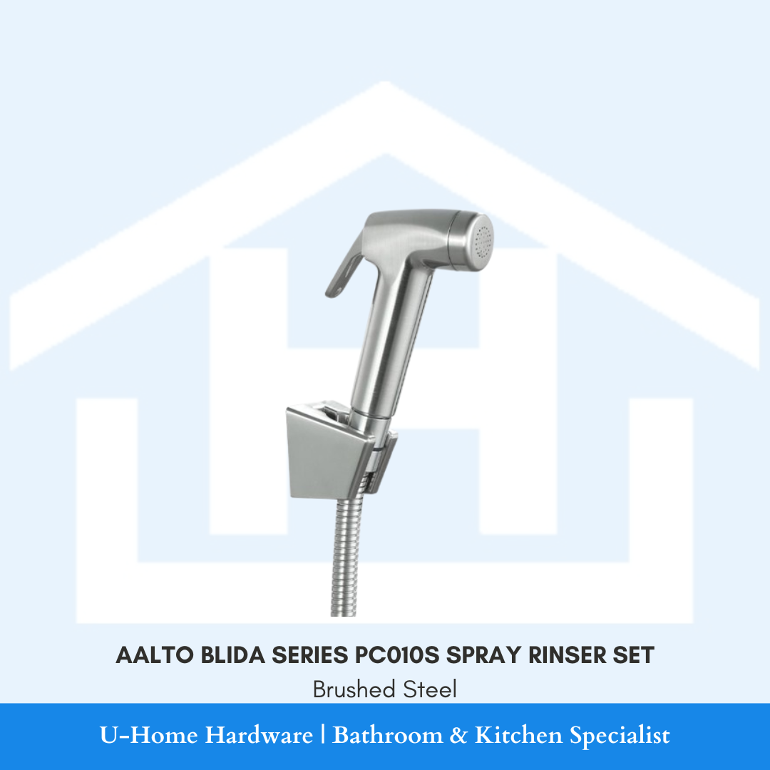Front view of the AALTO BLIDA Series PC010S spray rinser set in brushed steel, featuring the handheld bidet spray head, wall bracket, and matching hose.