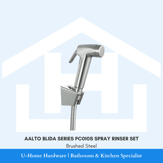 Front view of the AALTO BLIDA Series PC010S spray rinser set in brushed steel, featuring the handheld bidet spray head, wall bracket, and matching hose.