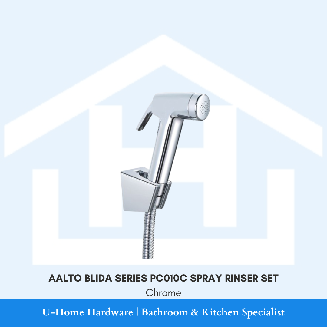 Product ensemble of the AALTO BLIDA PC010C spray rinser set, showcasing the flexible metallic hose and the secure wall-mount docking holder.