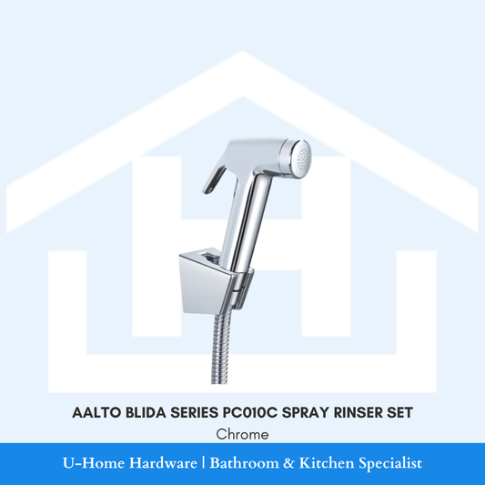 Product ensemble of the AALTO BLIDA PC010C spray rinser set, showcasing the flexible metallic hose and the secure wall-mount docking holder.