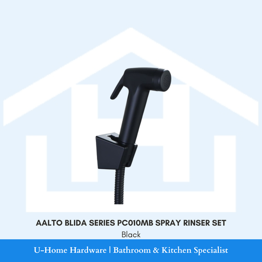 Front view of the AALTO BLIDA Series PC010MB bidet spray set in Matte Black, featuring the spray head, flexible hose, and wall-mount bracket.