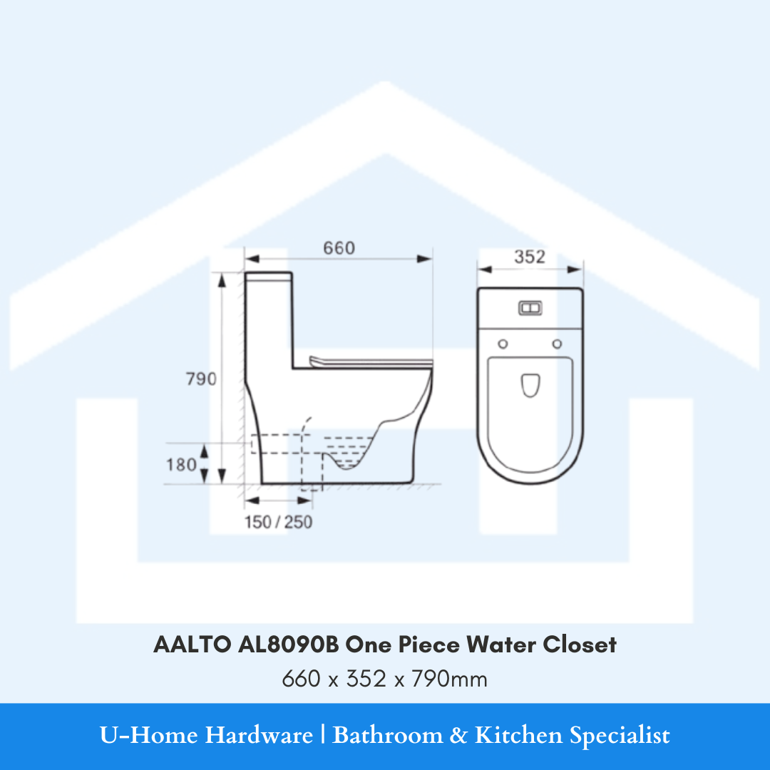 Technical drawing of a one-piece water closet with dimensions of AL8090B