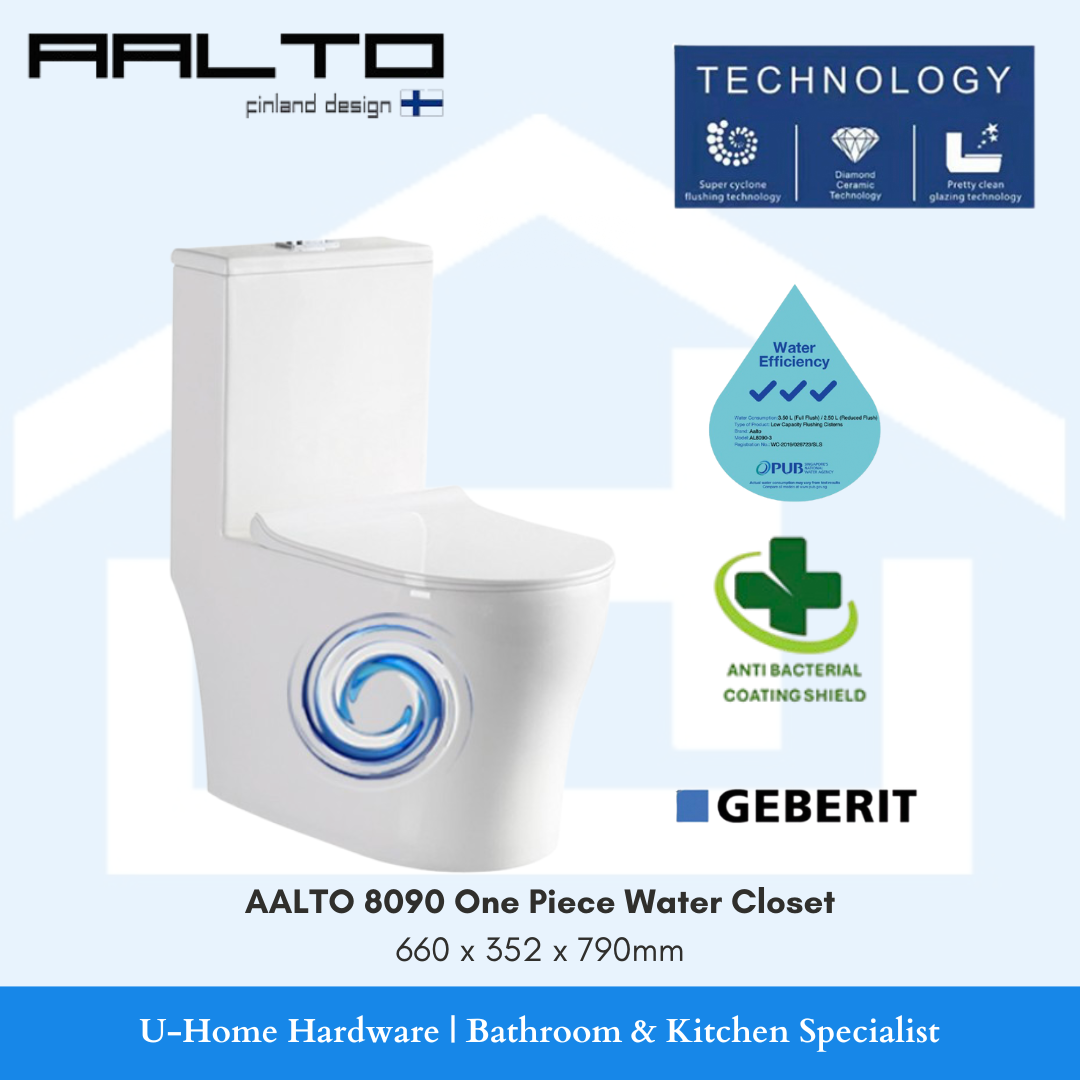 AALTO 8090 One Piece Water Closet, white in color with double vortex technology, anti-bacterial coating shield, and Geberit branding. 3 ticks
AALTO Double Vortex Water Closet AL8090 with Anti-Bacterial Coating Shield - compact dimensions 680mm (L) × 365mm (W) × 790mm (H), space-saving design perfect for Singapore HDB bathroom layouts, standard 4-inch outlet pipe compatible with local plumbing, S/P-trap installation options, suitable for small to medium Singapore bathrooms, meets BCA size requirements, ideal