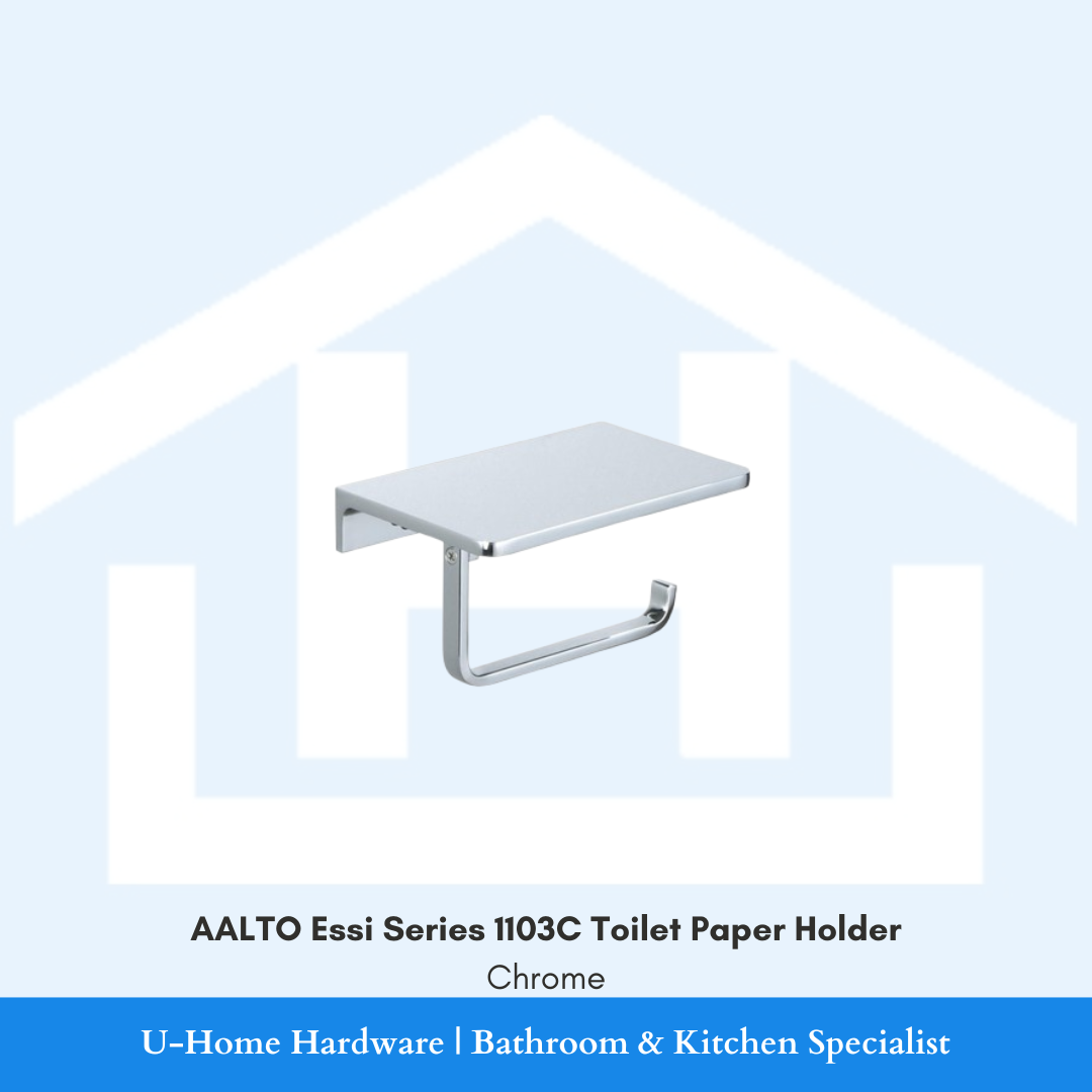 Front view of the AALTO Essi Series 1103C toilet paper holder in polished chrome, showcasing the reflective mirror finish and minimalist design.