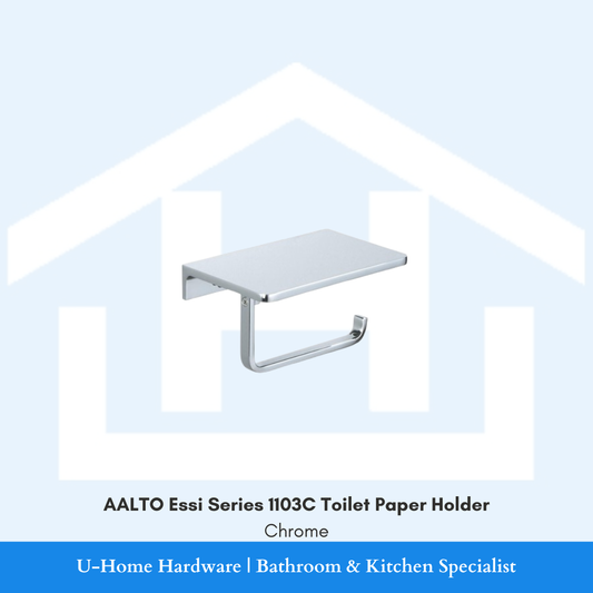 Front view of the AALTO Essi Series 1103C toilet paper holder in polished chrome, showcasing the reflective mirror finish and minimalist design.