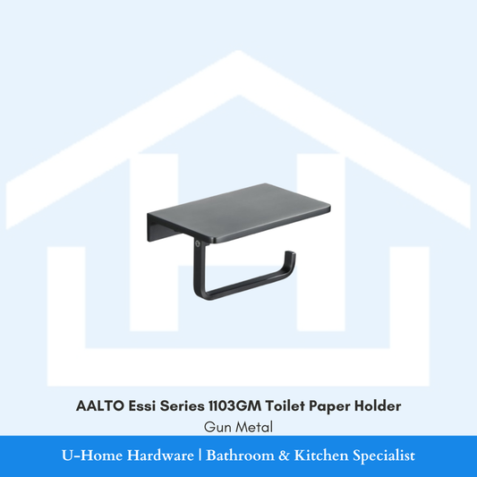 Front view of the AALTO Essi Series 1103GM toilet paper holder in Gun Metal, showcasing the sleek metallic grey finish and L-shaped arm.