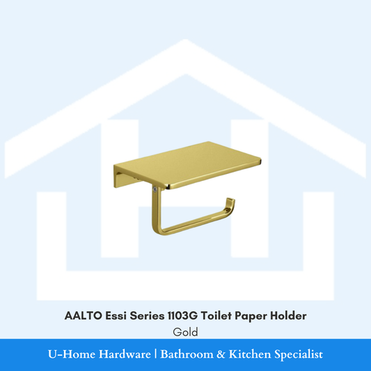 Front view of the AALTO Essi Series 1103G toilet paper holder in a polished gold finish, featuring a modern minimalist L-shaped arm.
