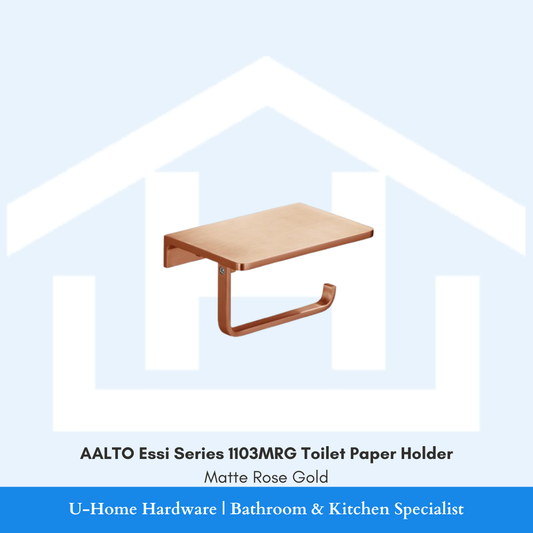 AALTO Essi Series 1103MRG toilet paper holder in Matt Rose Gold, featuring a modern minimalist L-shaped design for wall mounting.