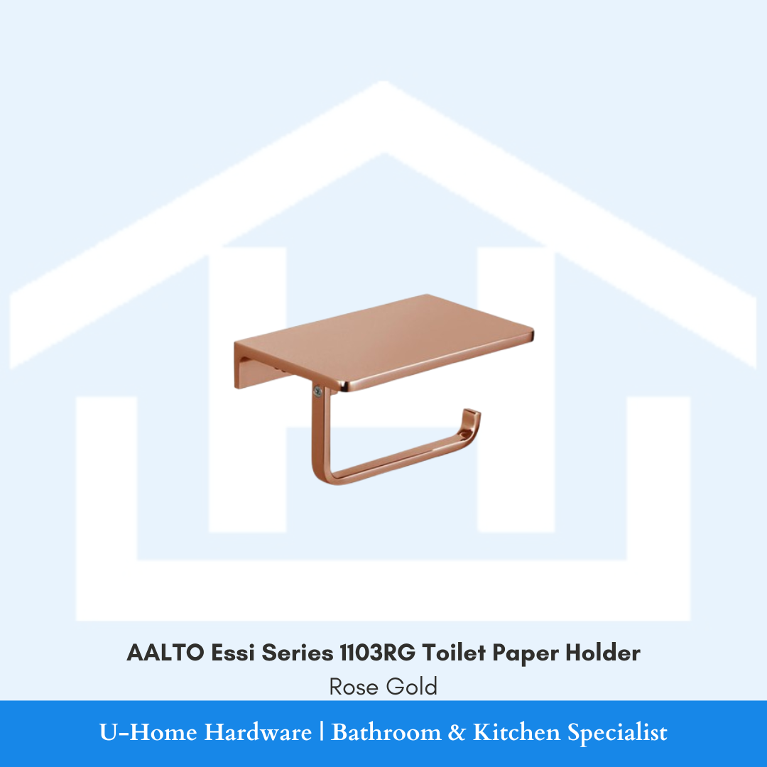 Front view of the AALTO Essi Series 1103RG toilet paper holder in polished Rose Gold, showcasing the modern L-shaped design.