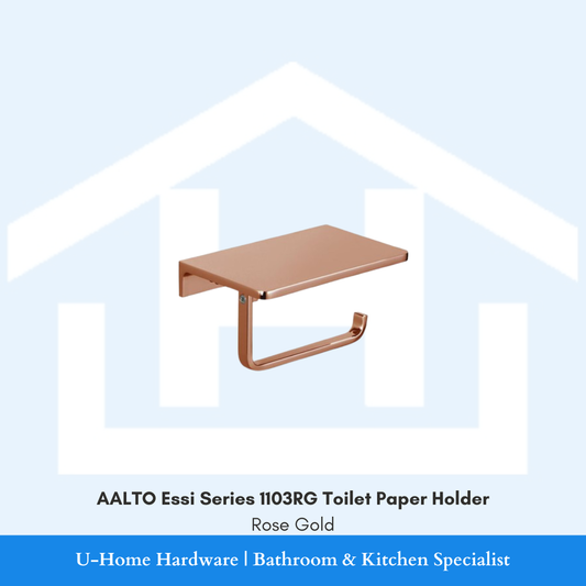 Front view of the AALTO Essi Series 1103RG toilet paper holder in polished Rose Gold, showcasing the modern L-shaped design.