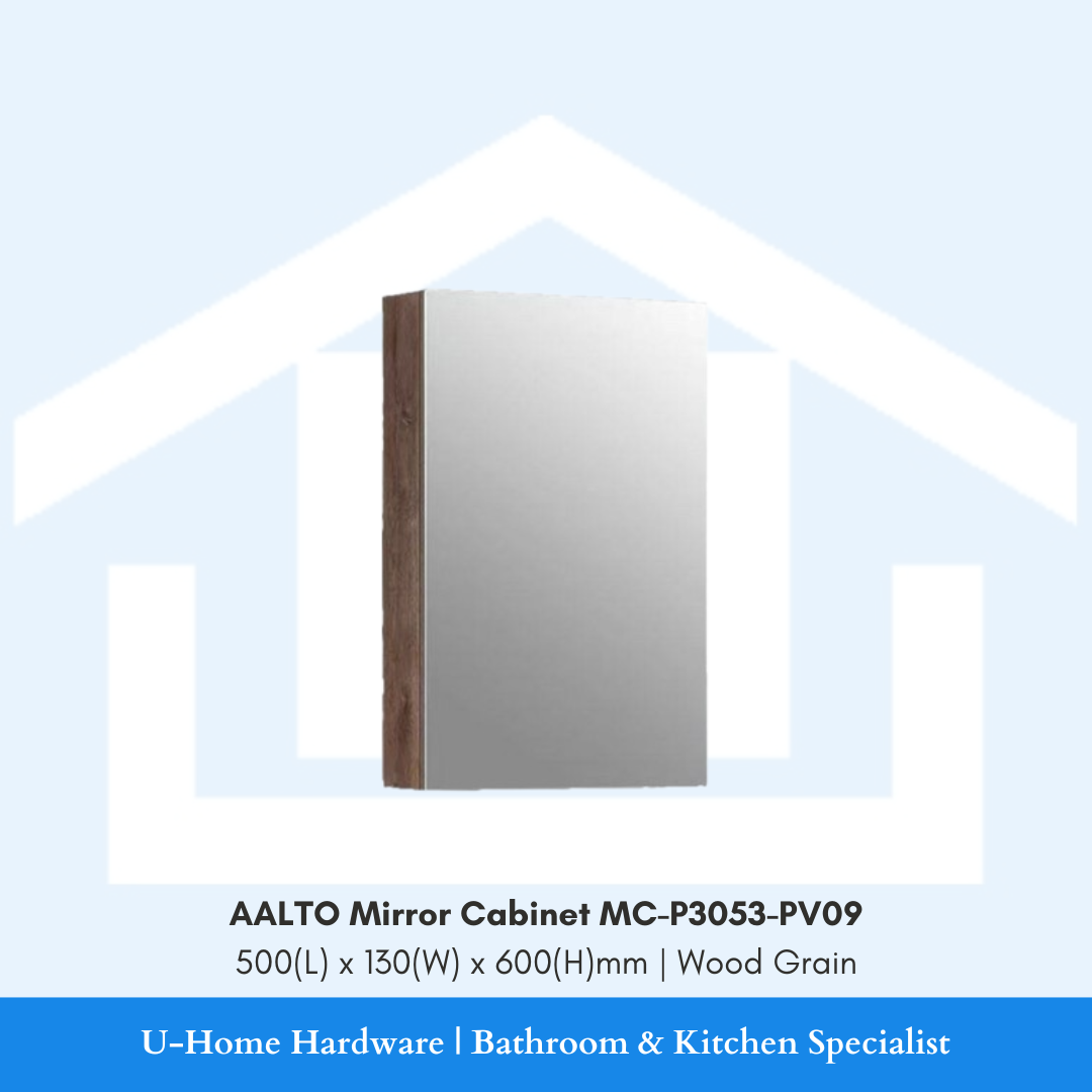 Front profile view of small wall-mounted AALTO MC-P3053-PV09 mirror cabinet highlighting the 500mm width, high-clarity mirror glass, and warm wood grain side panels.