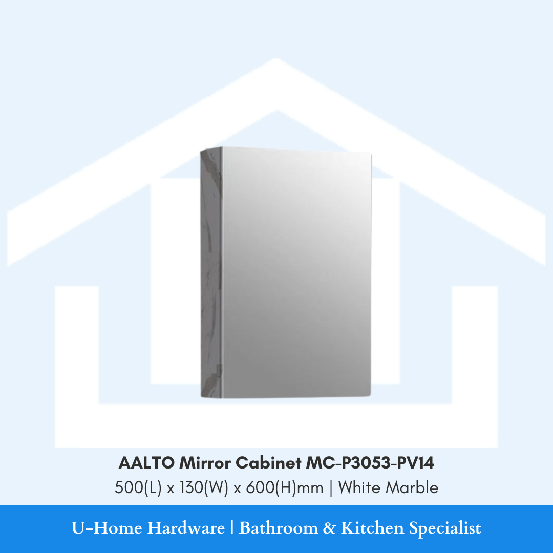 Front profile view of small wall-mounted AALTO MC-P3053-PV14 mirror cabinet showcasing the 500mm width, distortion-free mirror glass, and elegant white marble veining side panels.