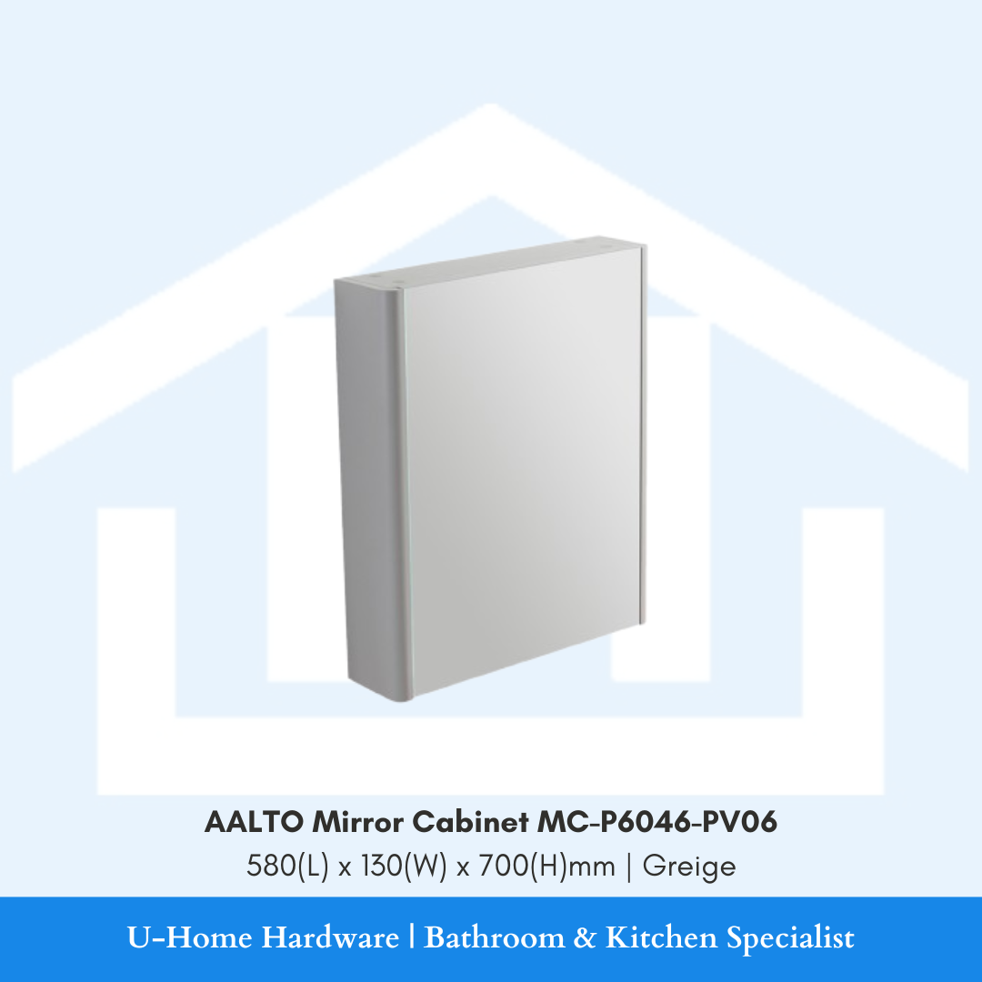 Front profile view of wall-mounted AALTO MC-P6046-PV06 mirror cabinet showcasing the 580mm width, distortion-free mirror glass, and warm greige side panels.