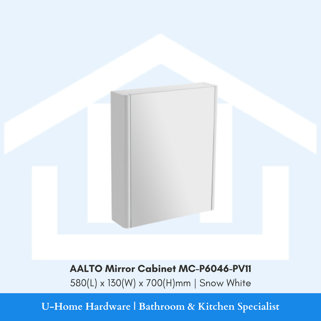 Front and profile layout of the wall-mounted AALTO MC-P6046-PV11 mirror cabinet showcasing its 580mm width and sleek moisture-resistant side panels.