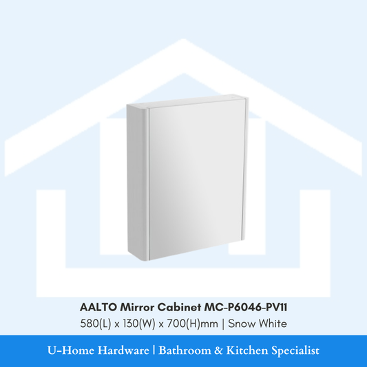 Front and profile layout of the wall-mounted AALTO MC-P6046-PV11 mirror cabinet showcasing its 580mm width and sleek moisture-resistant side panels.