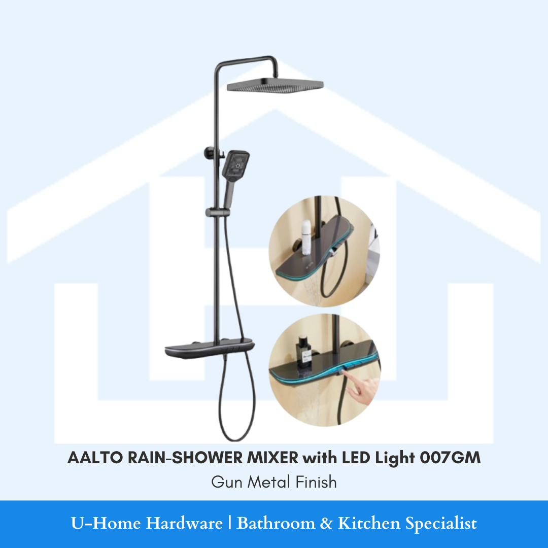 AALTO RAIN-SHOWER MIXER with LED Light 007GM in Gun Metal Finish. The image shows the shower mixer with a black finish, includes a rain shower head and a hand shower, mounted on a wall.