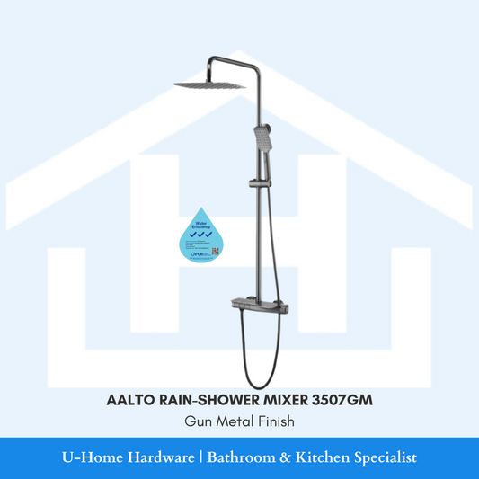 A rain-shower mixer tap with gun metal finish, featuring a vertical mounting style with a large shower head on top and a smaller hand-held shower head. The product is displayed against a white background with a graphic indicating a water droplet, and text specifying the product model and finish.