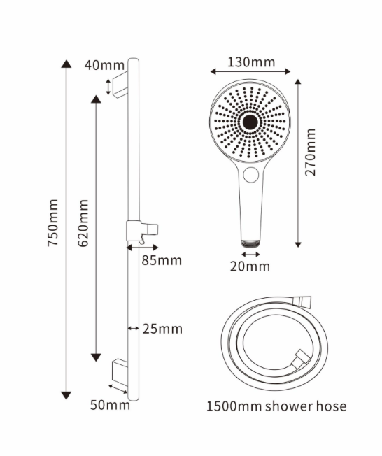AALTO SH-309GM Hand Shower Set (Gun Metal Finish) dimension