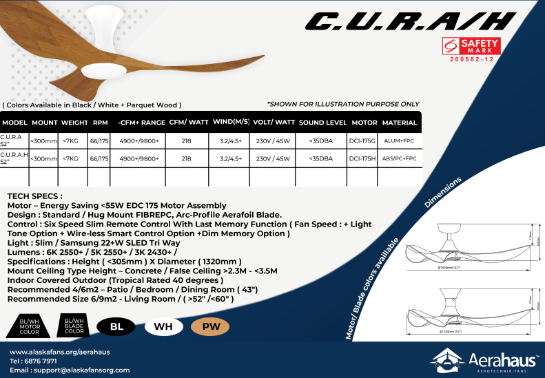 CURAH 52″ DC CEILING FAN + SAMSUNG 20W LED DIM TRI WAY MEMORY FUNCTION (SMART)
Black Dark Wood / White Dark Wood