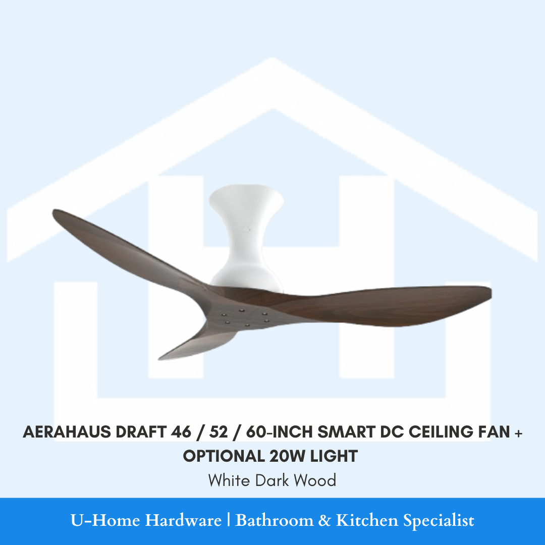 Isolated product cutout of the AERAHAUS DRAFT Smart DC Ceiling Fan in White Dark Wood, showcasing the striking contrast between the dark timber blades and the matte white