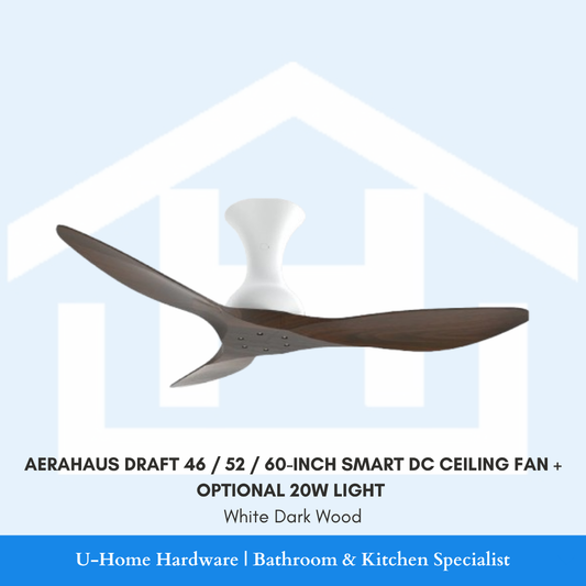 Isolated product cutout of the AERAHAUS DRAFT Smart DC Ceiling Fan in White Dark Wood, showcasing the striking contrast between the dark timber blades and the matte white