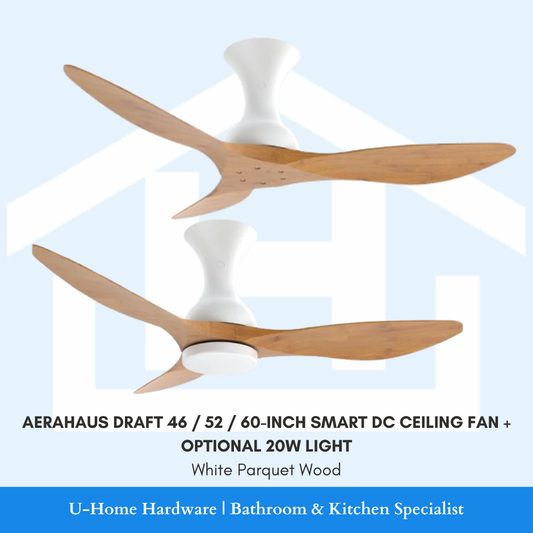 AERAHAUS DRAFT 46 / 52 / 60-INCH SMART DC CEILING FAN + OPTIONAL 20W LIGHT
White Parquet Wood showcasing with and without light
