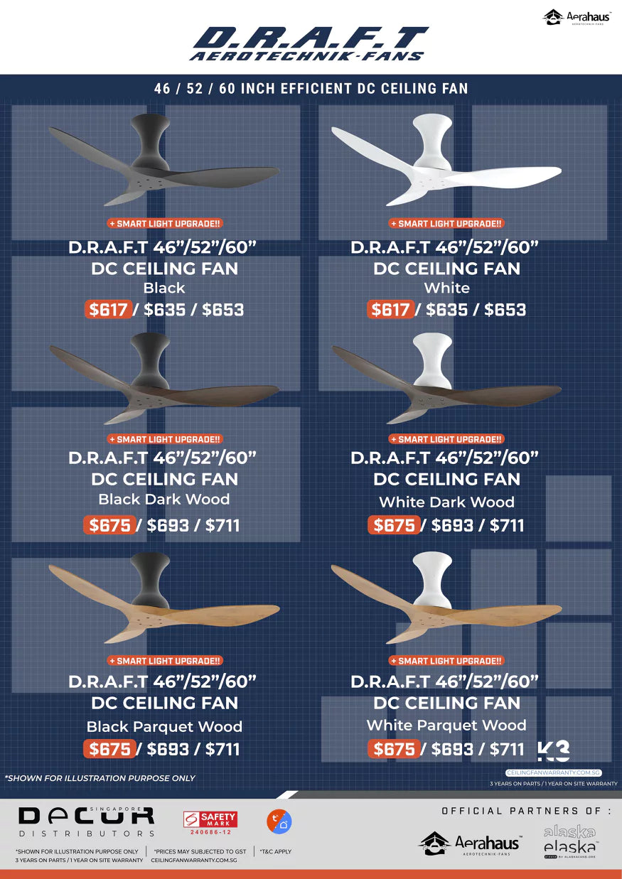 D.R.A.F.T. DC ceiling fans with pricing and color options
