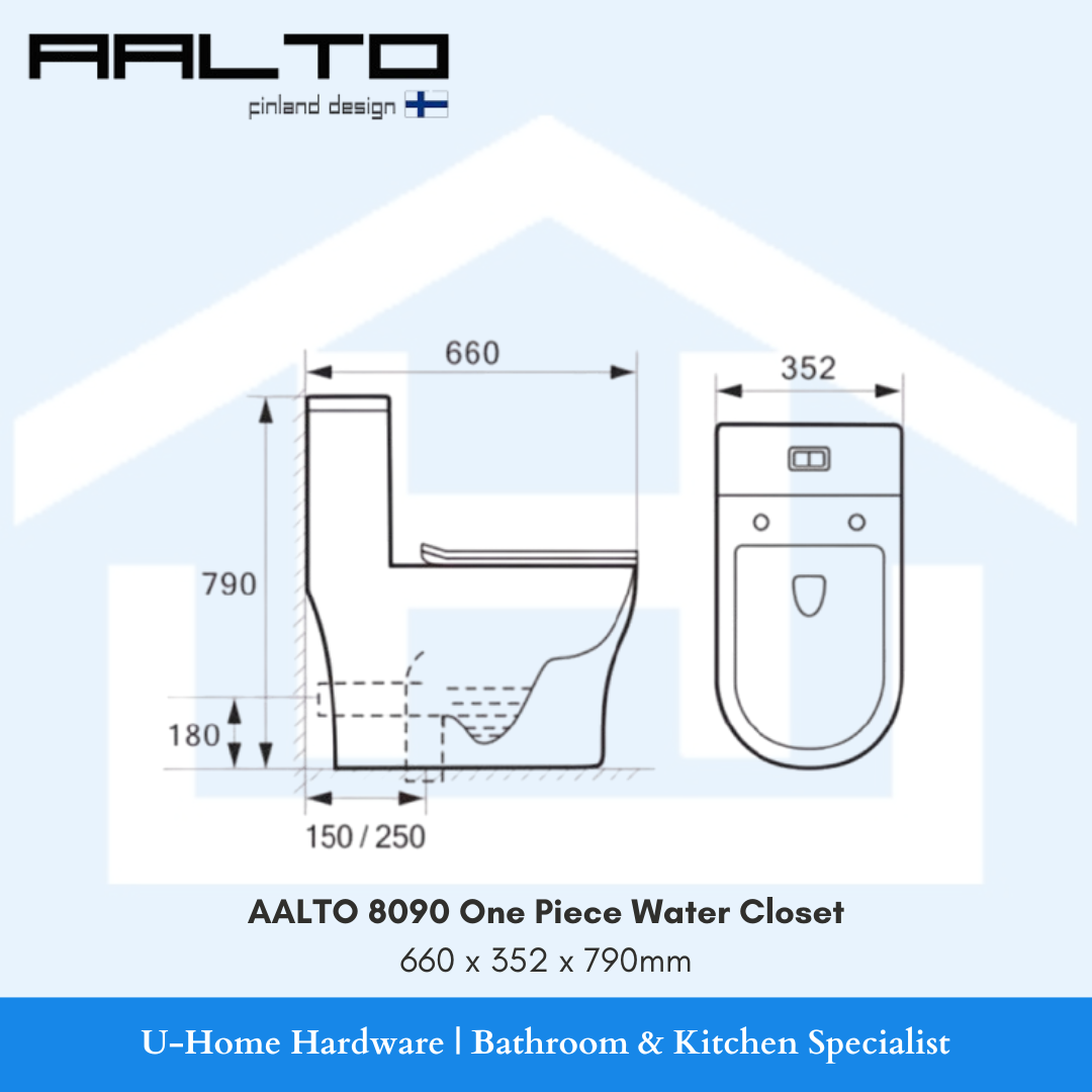 AALTO Double Vortex Water Closet AL8090 with Anti-Bacterial Coating Shield - compact dimensions 680mm (L) × 365mm (W) × 790mm (H), space-saving design perfect for Singapore HDB bathroom layouts, standard 4-inch outlet pipe compatible with local plumbing, S/P-trap installation options, suitable for small to medium Singapore bathrooms, meets BCA size requirements, ideal depth for elderly-friendly homes, compact footprint for tiny BTO toilets, comparable sizing to popular models in Singapore market, ergonomic 