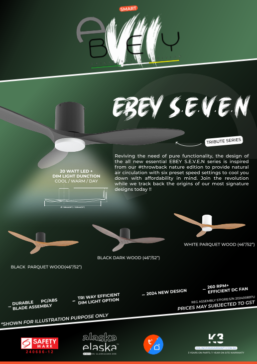 Advertisement for Ebev Seven ceiling fans with product details