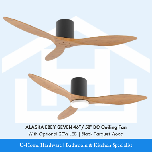 Isolated product cutout of the ALASKA EBEY SEVEN DC Ceiling Fan in Black Parquet Wood