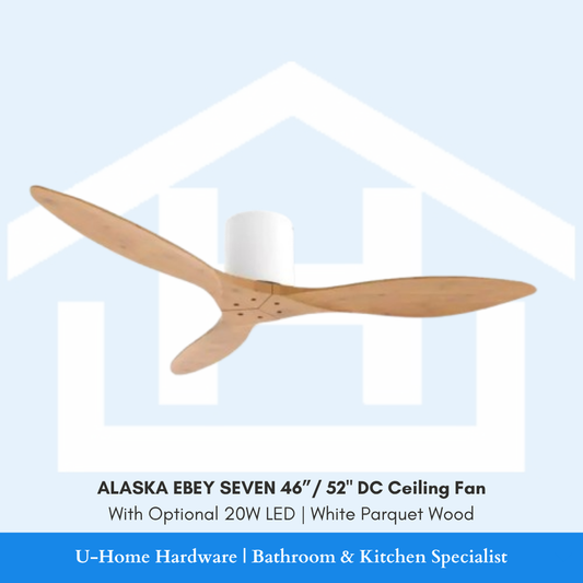 Isolated product cutout of the ALASKA EBEY SEVEN DC Ceiling Fan in White Parquet Wood