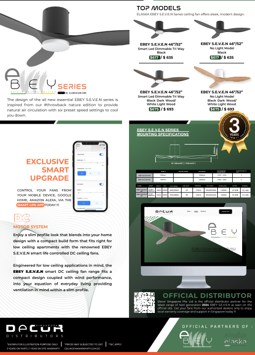 Promotional flyer for Ebey ceiling fans with product details and branding.
