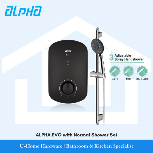 An ALPHA EVO instant heater with a hand shower set, showing the heater unit in black color and the hand shower with adjustable sprays.