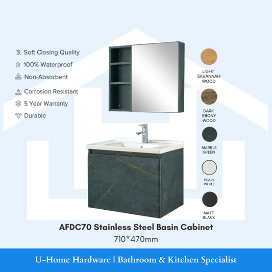 Stainless steel basin cabinet with a mirror above it, available in various colors such as light savannah wood, dark ebony wood, marble green, pearl white, and matt black.