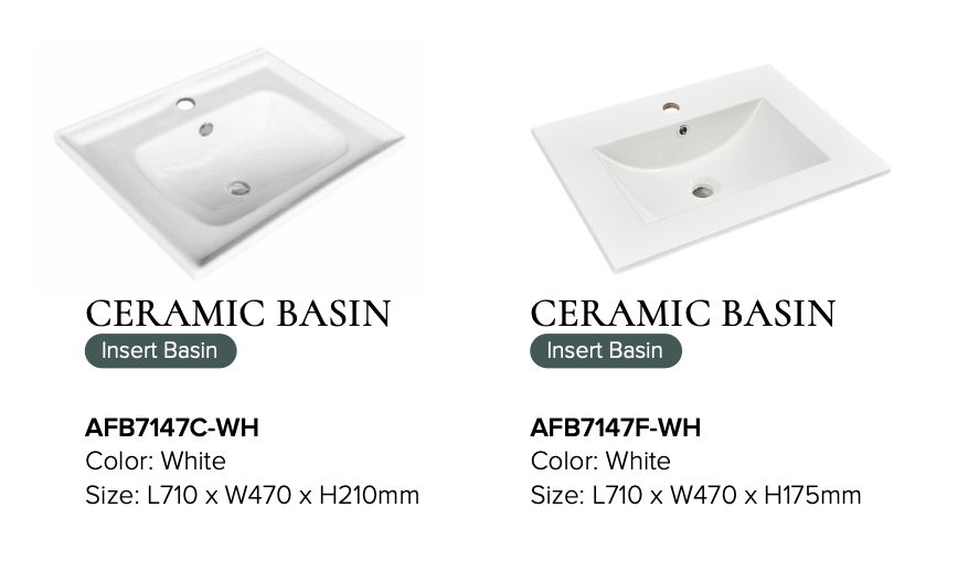 Two ceramic basins with specifications on a white background 