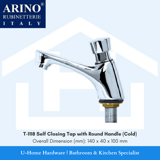 ARINO T-1118 Self-Closing Basin Tap (Cold) ARINO T-1118 self-closing cold basin tap in polished chrome, featuring a round push-button handle designed for automatic water shut-off.