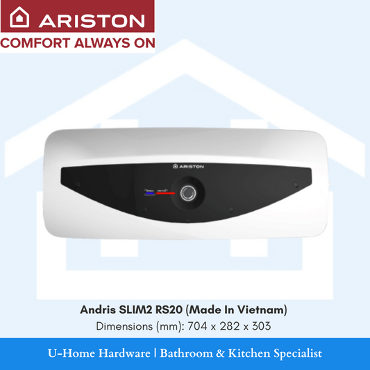 An ARISTON electric storage heater, model ANDRIS SLIM2 R20, in white color, with dimensions 704 x 282 x 303mm 