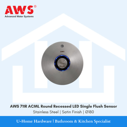 AWS 711R ACML round recessed sensor WC flush valve plate in satin stainless steel finish with a blue LED light ring. Front view of circular $\varnothing180\text{mm}$ AWS 711R ACML electronic touchless toilet flushing mechanism featuring the central mechanical manual bypass push button.