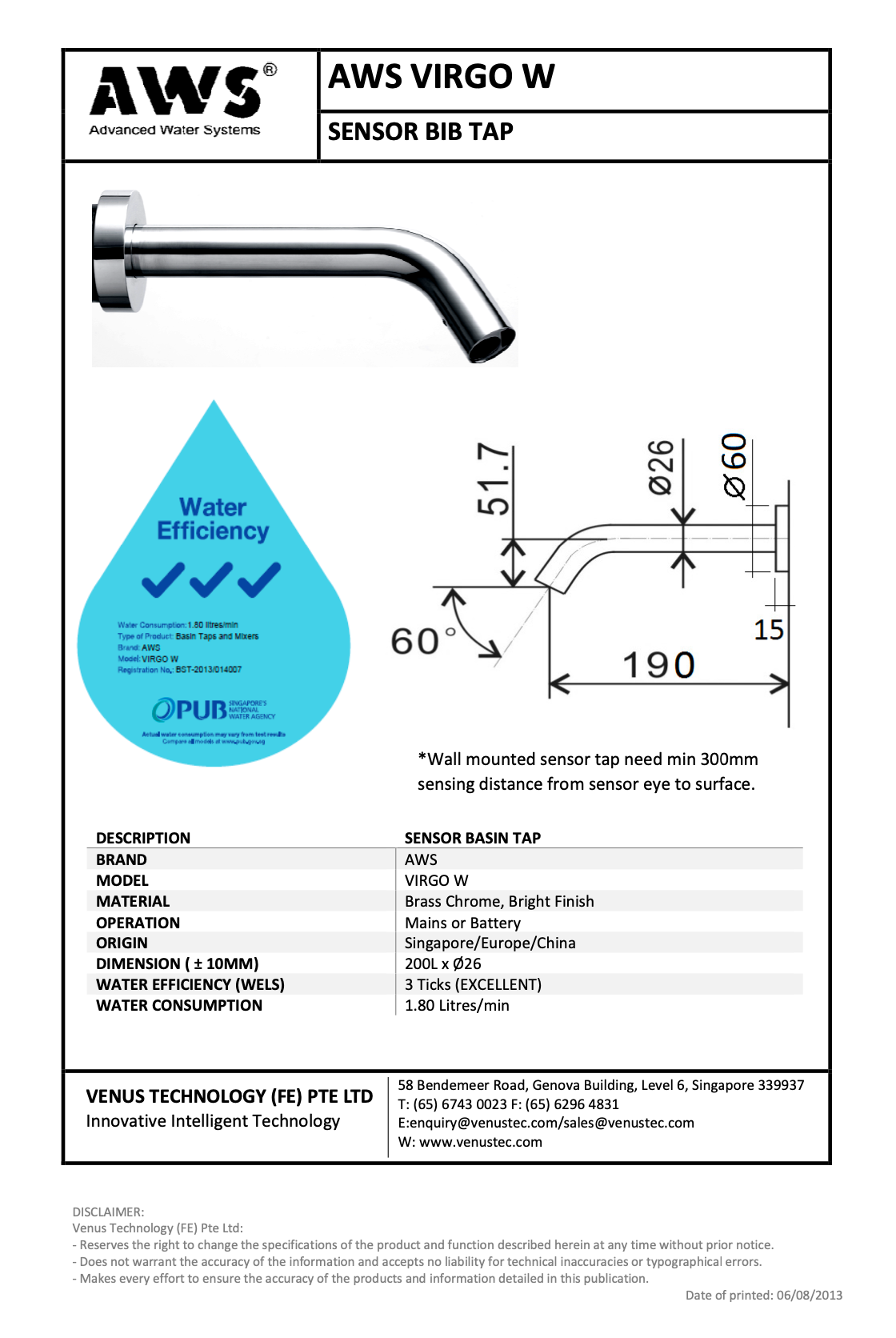 AWS VIRGO W Sensor Bib Tap wall mounted sensor tap specifications