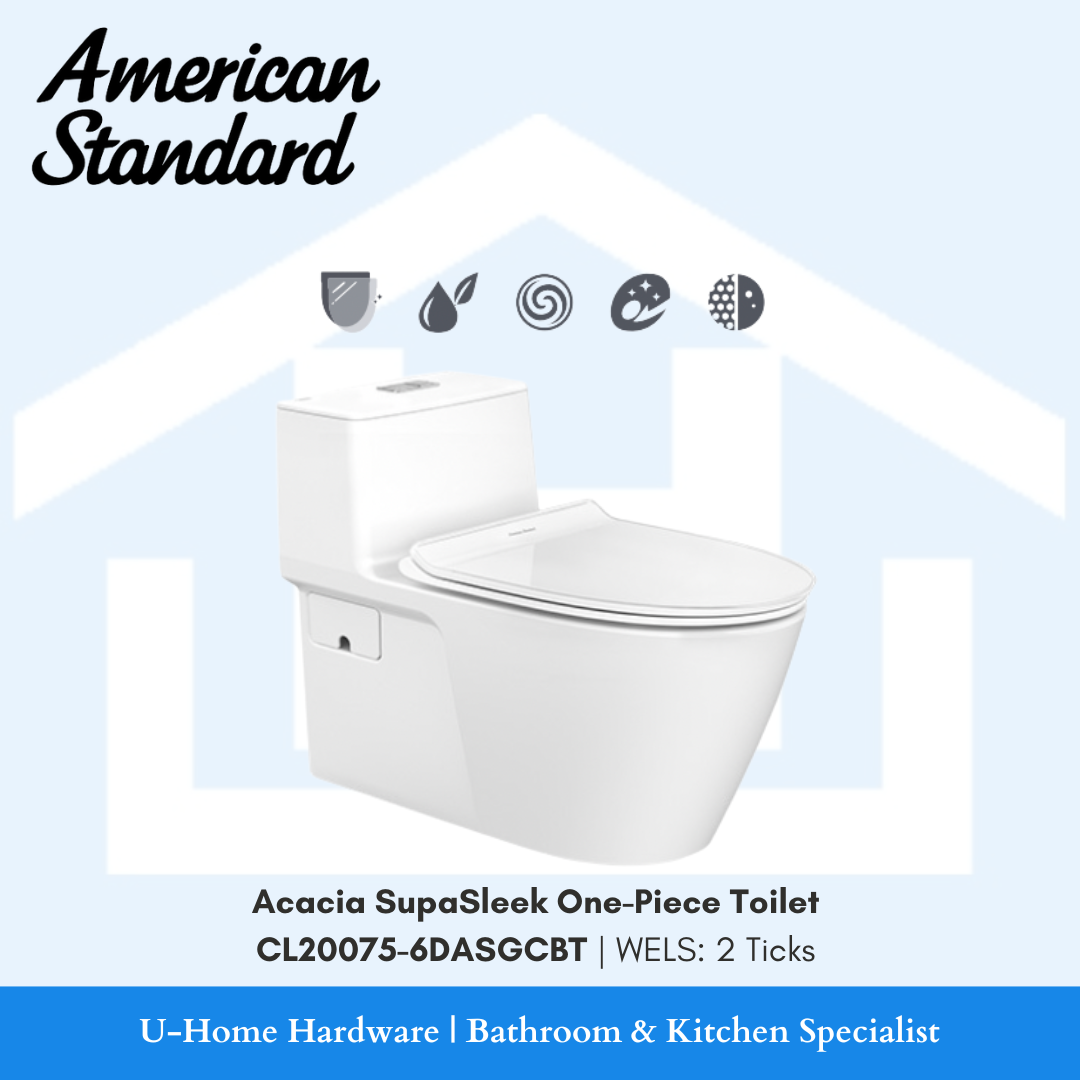 American Standard Acacia SupaSleek One-Piece Toilet Bowl with a white elongated bowl design, featuring a double-tone seat and lid, American Standard Acacia SupaSleek One-Piece Toilet Bowl CL20075-6DASGCBT
