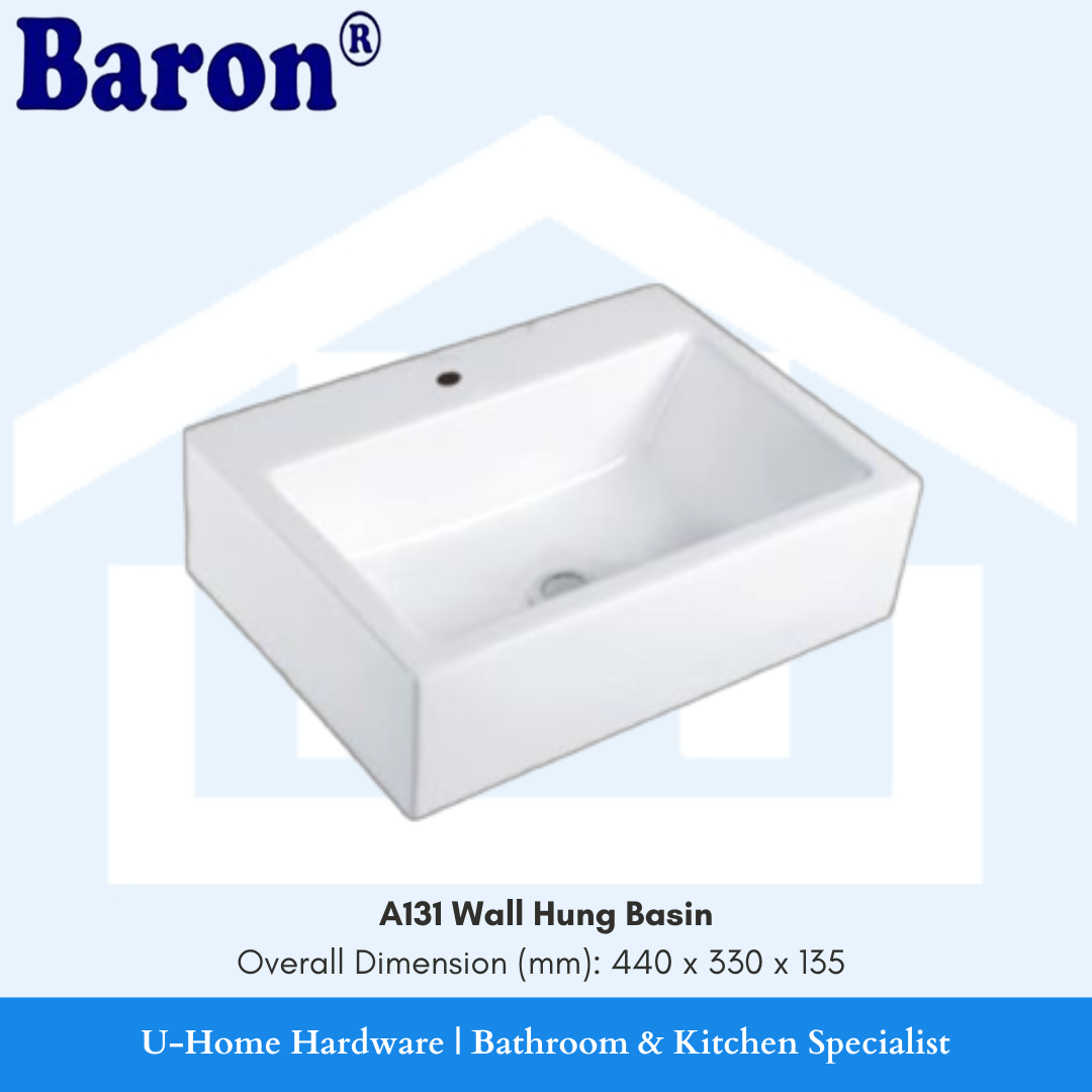 A white wall hung basin with a rectangular shape, dimension indicators, and the BARON brand logo at the top.