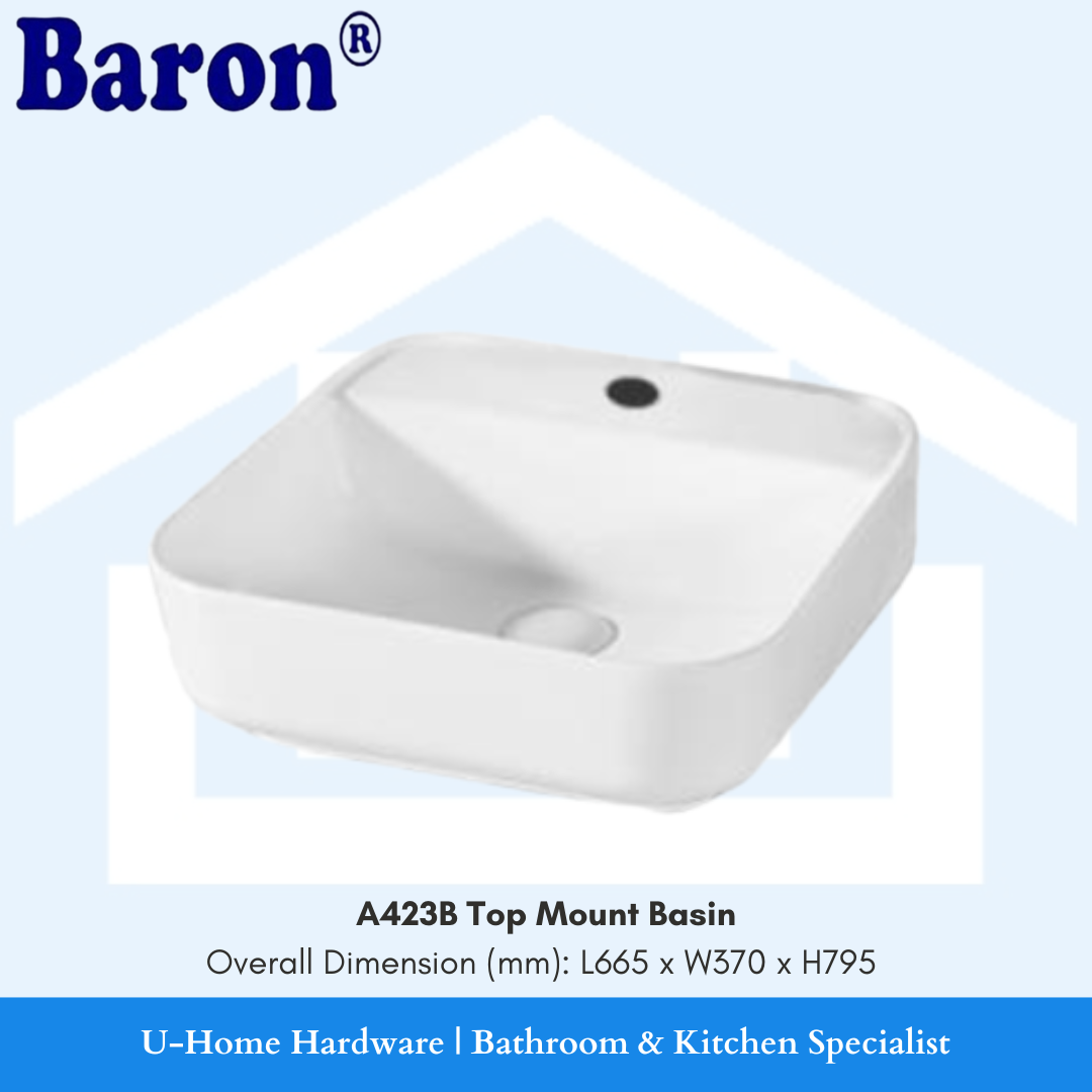 A white top mount basin by Baron, model A423B, displayed against a blue background with the brand's logo and product details.
