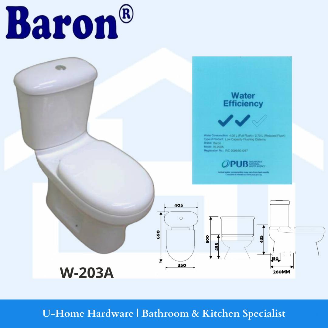 A white two-piece toilet bowl from Baron, model W-203A, with a Water Efficiency label indicating a rating of 2 ticks.