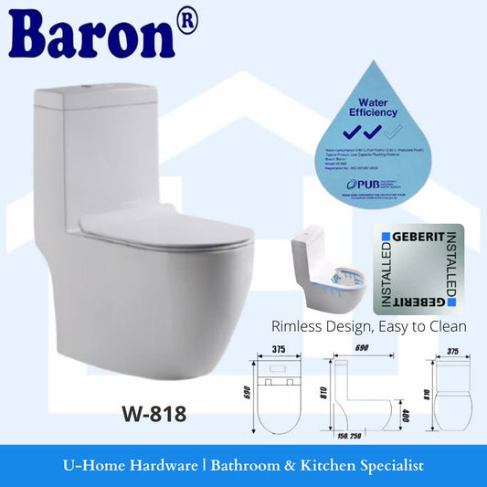 A white, rimless design one-piece toilet bowl from BARON, featuring water efficiency and easy to clean attributes, with a Geberit fittings approval logo and a diagram of the toilet's installation process.