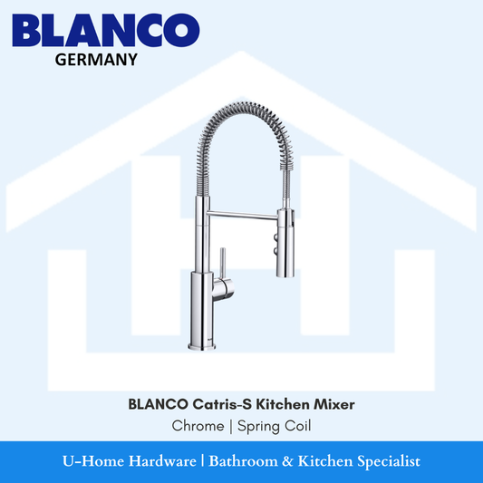 Isolated product cutout of the BLANCO Catris-S Mixer in Chrome, highlighting the distinctive stainless steel spring coil spout and the elegant high-arch silhouette