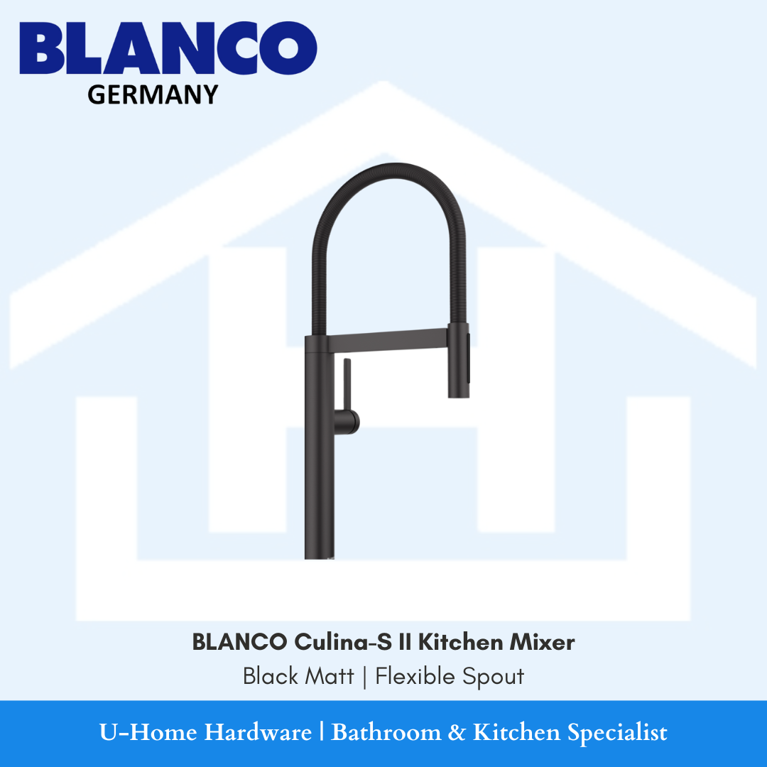 Isolated product cutout of the BLANCO Culina-S II Mixer in Black Matt, highlighting the architectural flexible spring neck and the premium, non-reflective matte finish